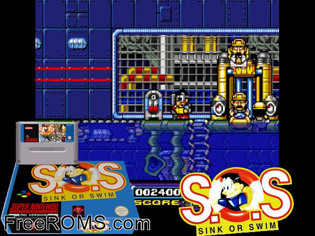 Sink or Swim SNES game showing 3D box cover and gameplay screenshot