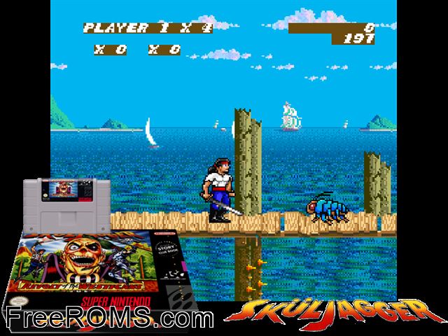 Skuljagger - Revolt of the Westicans SNES game showing 3D box cover and gameplay screenshot
