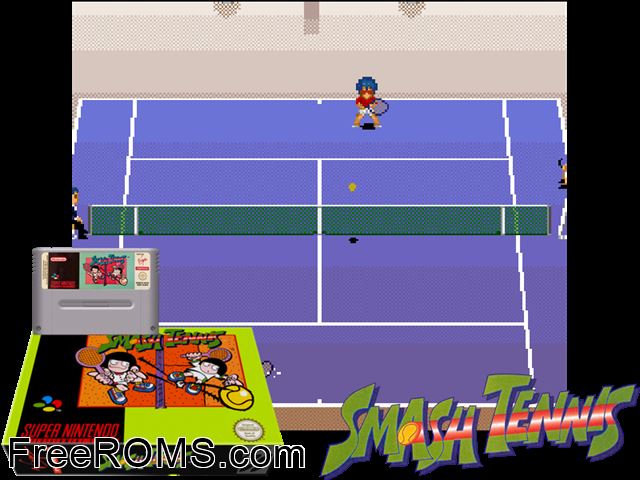 Smash Tennis SNES game showing 3D box cover and gameplay screenshot