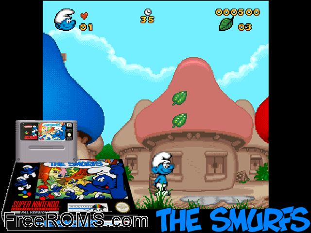 Smurfs, The SNES game showing 3D box cover and gameplay screenshot