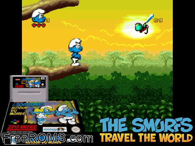 Smurfs 2, The SNES game showing 3D box cover and gameplay screenshot