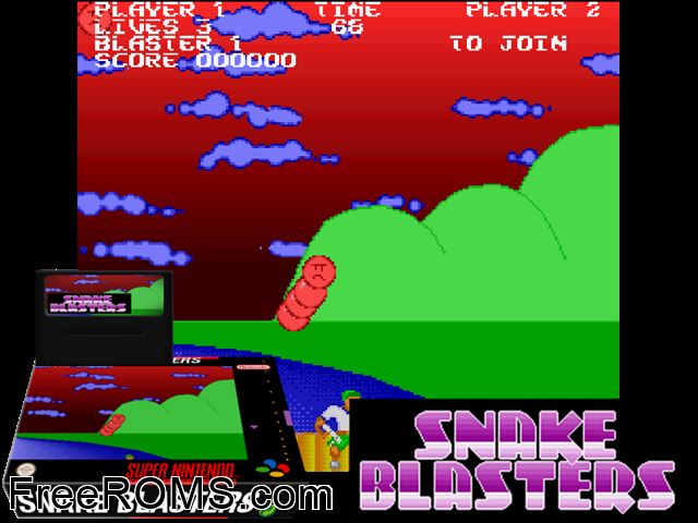 Snake Blasters SNES game showing 3D box cover and gameplay screenshot