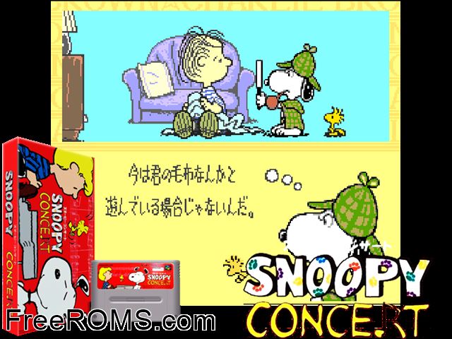 Snoopy Concert SNES game showing 3D box cover and gameplay screenshot