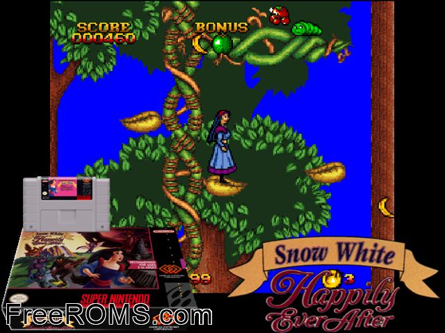 Snow White in Happily Ever After SNES game showing 3D box cover and gameplay screenshot