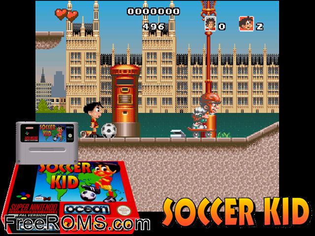Soccer Kid SNES game showing 3D box cover and gameplay screenshot