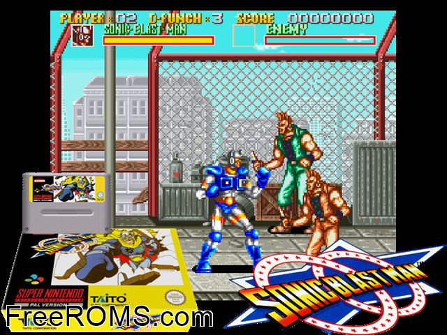 Sonic Blast Man SNES game showing 3D box cover and gameplay screenshot