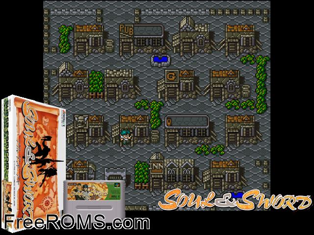 Soul And Sword SNES game showing 3D box cover and gameplay screenshot