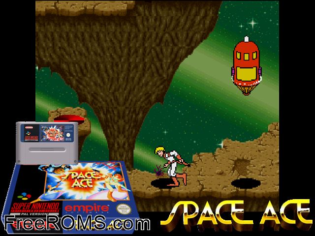 Space Ace SNES game showing 3D box cover and gameplay screenshot