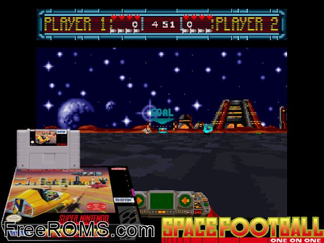 Space Football - One on One SNES game showing 3D box cover and gameplay screenshot