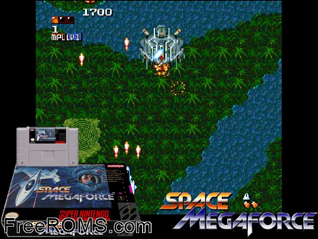 Space Megaforce SNES game showing 3D box cover and gameplay screenshot