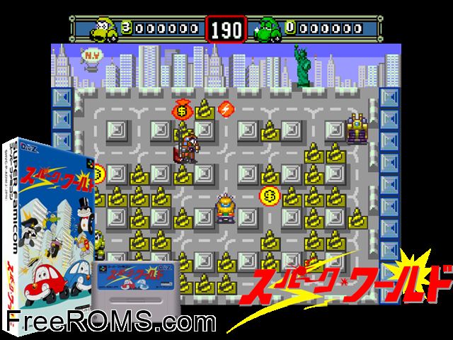 Spark World SNES game showing 3D box cover and gameplay screenshot