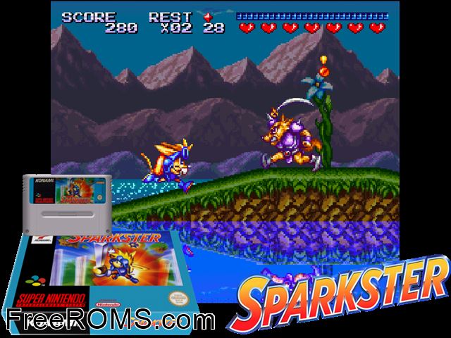 Sparkster SNES game showing 3D box cover and gameplay screenshot