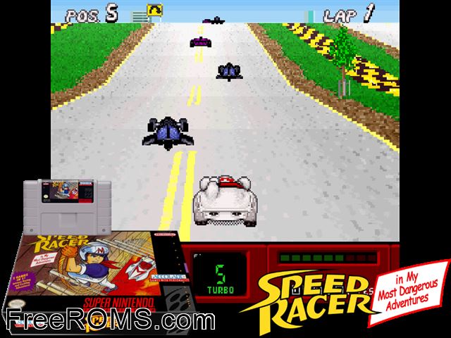 Speed Racer in My Most Dangerous Adventures SNES game showing 3D box cover and gameplay screenshot