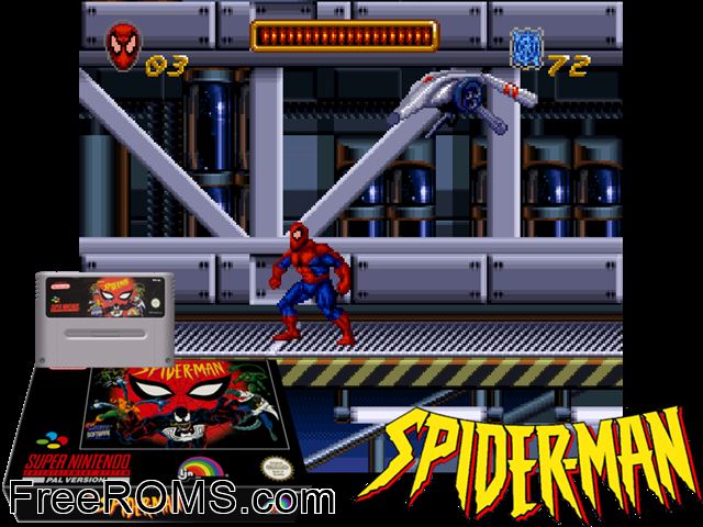 Spider-Man SNES game showing 3D box cover and gameplay screenshot