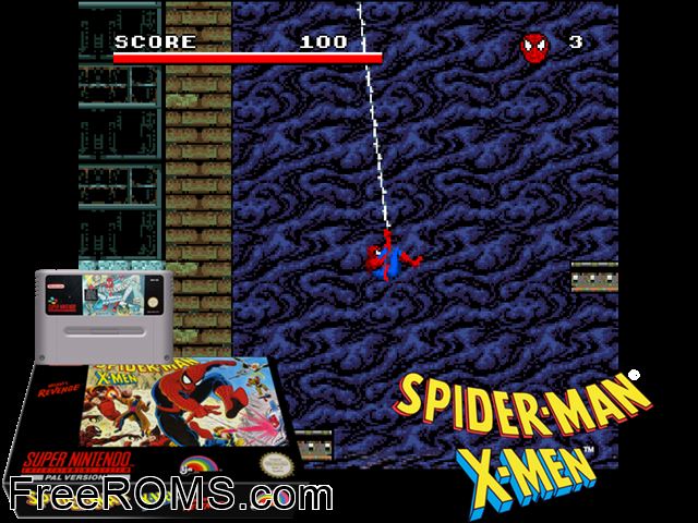 Spider-Man and the X-Men in Arcade's Revenge SNES game showing 3D box cover and gameplay screenshot