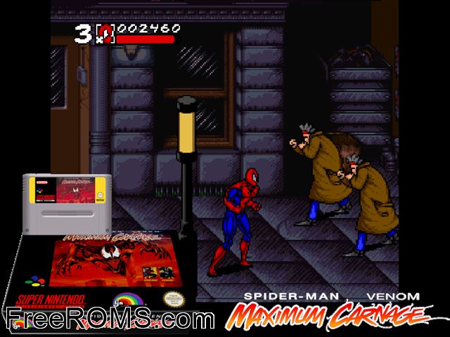 Spider-Man And Venom - Maximum Carnage SNES game showing 3D box cover and gameplay screenshot