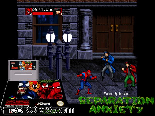 Spider-Man And Venom - Separation Anxiety SNES game showing 3D box cover and gameplay screenshot
