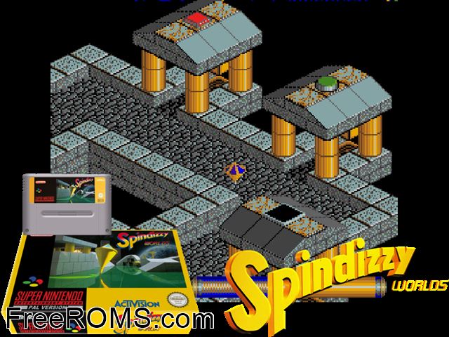 Spindizzy Worlds SNES game showing 3D box cover and gameplay screenshot