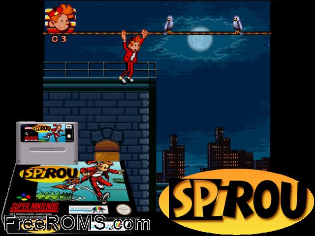 Spirou SNES game showing 3D box cover and gameplay screenshot