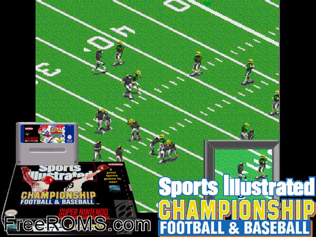 Sports Illustrated Championship Football And Baseball SNES game showing 3D box cover and gameplay screenshot