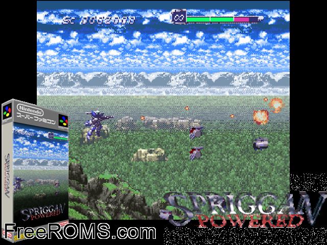 Spriggan Powered SNES game showing 3D box cover and gameplay screenshot