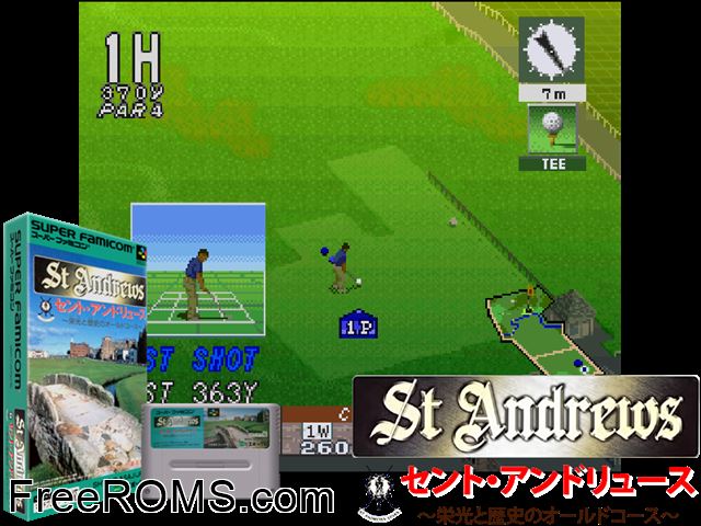 St. Andrews - Eikou to Rekishi no Old Course SNES game showing 3D box cover and gameplay screenshot