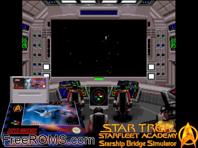 Star Trek - Starfleet Academy Starship Bridge Simulator SNES game showing 3D box cover and gameplay screenshot