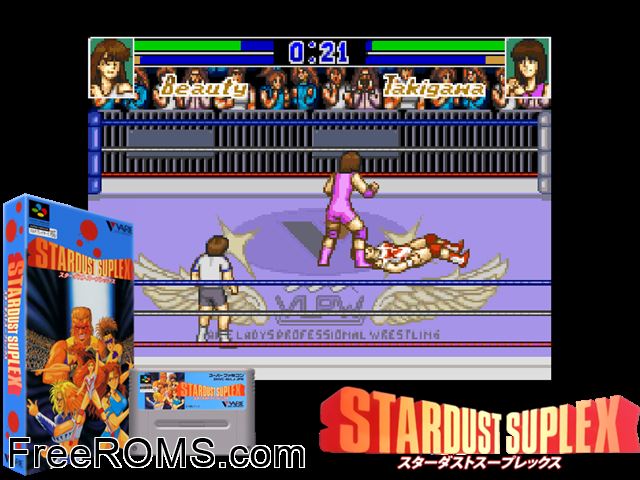 Stardust Suplex SNES game showing 3D box cover and gameplay screenshot