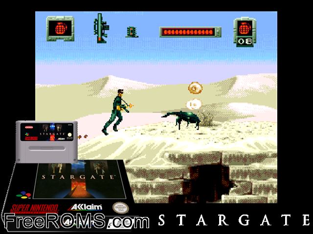 Stargate SNES game showing 3D box cover and gameplay screenshot