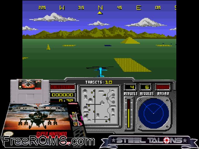 Steel Talons SNES game showing 3D box cover and gameplay screenshot