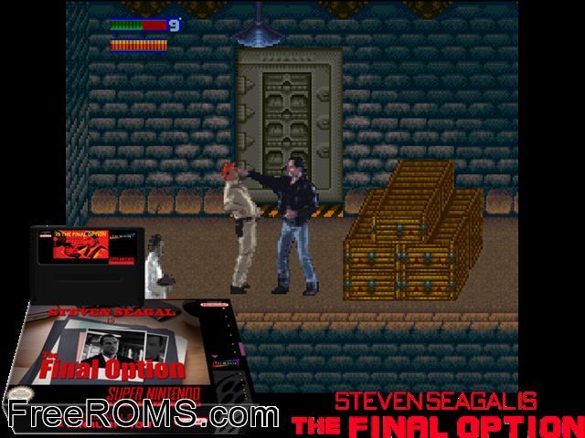 Steven Seagal is The Final Option Demo SNES game showing 3D box cover and gameplay screenshot
