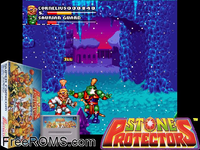 Stone Protectors SNES game showing 3D box cover and gameplay screenshot