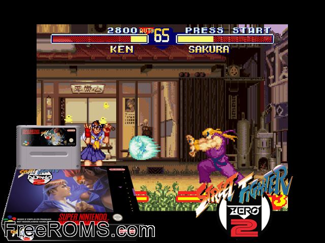 Street Fighter Alpha 2 SNES game showing 3D box cover and gameplay screenshot