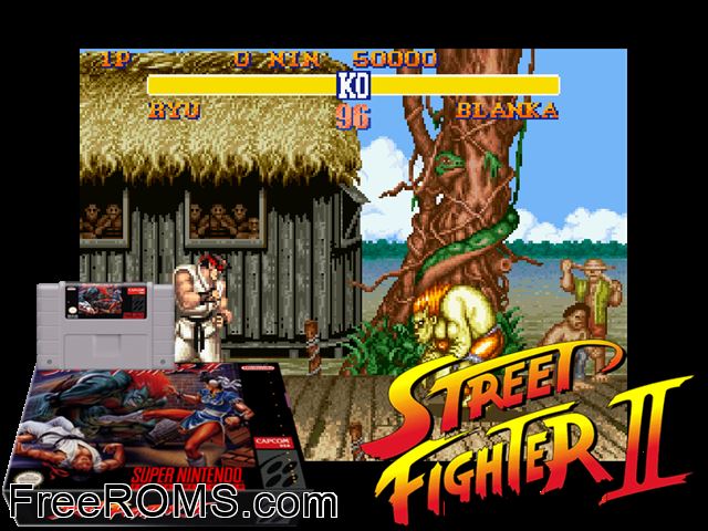 Street Fighter II - The World Warrior SNES game showing 3D box cover and gameplay screenshot