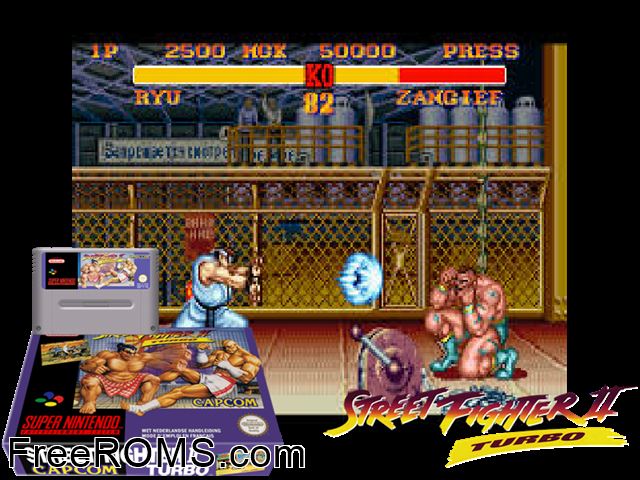 Street Fighter II Turbo - Hyper Fighting SNES game showing 3D box cover and gameplay screenshot