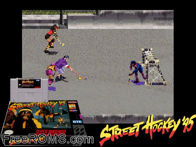 Street Hockey '95 SNES game showing 3D box cover and gameplay screenshot