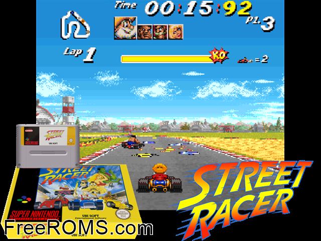 Street Racer SNES game showing 3D box cover and gameplay screenshot