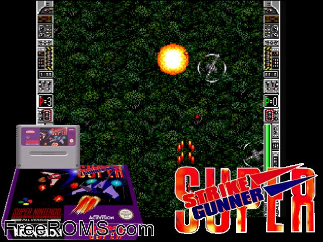 Strike Gunner SNES game showing 3D box cover and gameplay screenshot