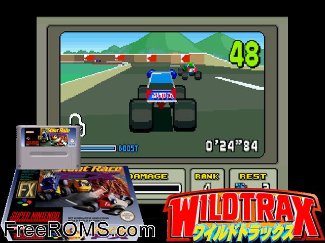 Stunt Race FX SNES game showing 3D box cover and gameplay screenshot