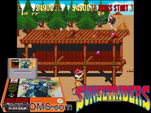Sunset Riders SNES game showing 3D box cover and gameplay screenshot