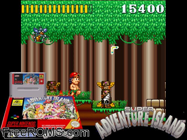 Super Adventure Island SNES game showing 3D box cover and gameplay screenshot