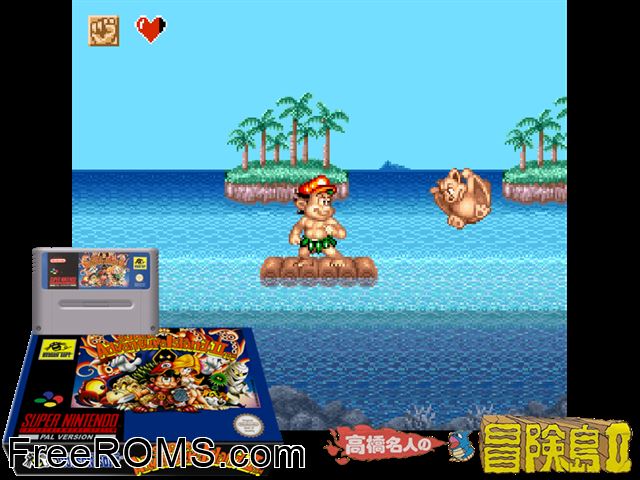 Super Adventure Island II SNES game showing 3D box cover and gameplay screenshot