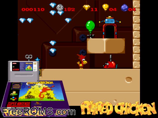 Super Alfred Chicken SNES game showing 3D box cover and gameplay screenshot