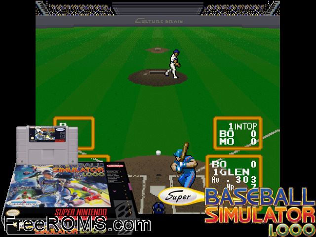 Super Baseball Simulator 1.000 SNES game showing 3D box cover and gameplay screenshot