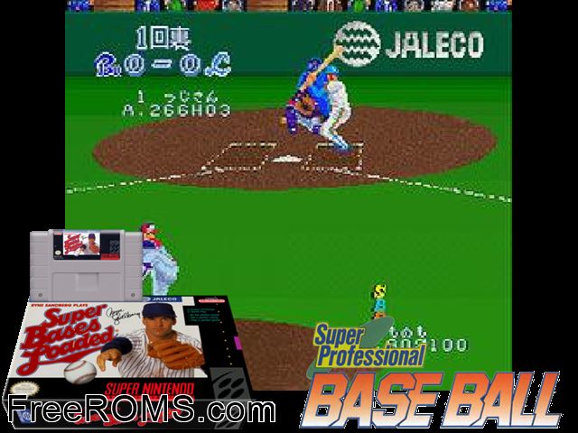 Super Bases Loaded SNES game showing 3D box cover and gameplay screenshot