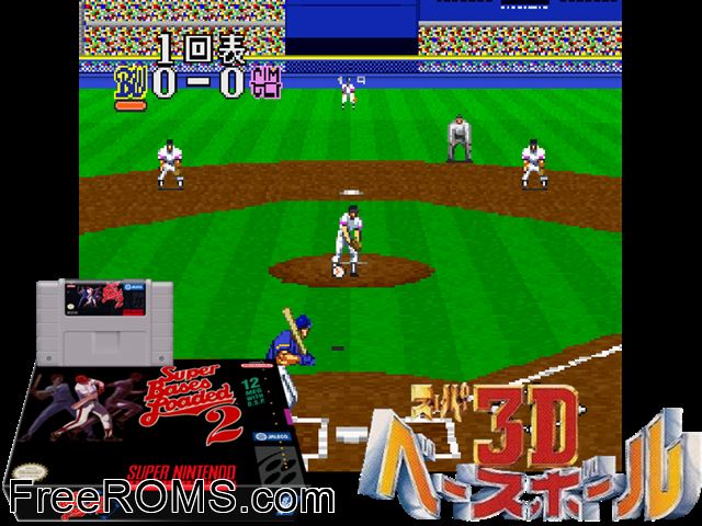 Super Bases Loaded 2 SNES game showing 3D box cover and gameplay screenshot