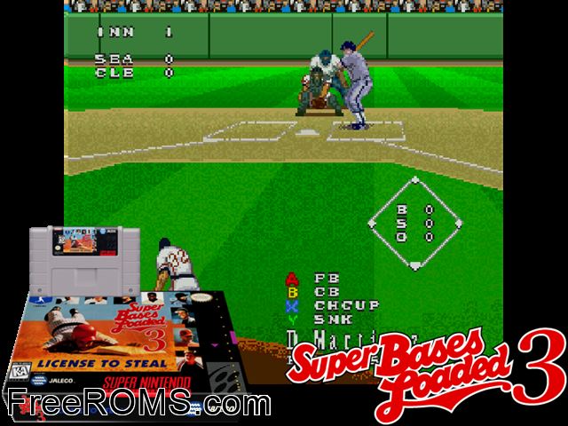 Super Bases Loaded 3 - License to Steal SNES game showing 3D box cover and gameplay screenshot