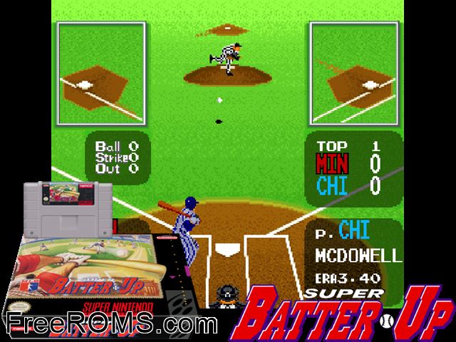 Super Batter Up SNES game showing 3D box cover and gameplay screenshot