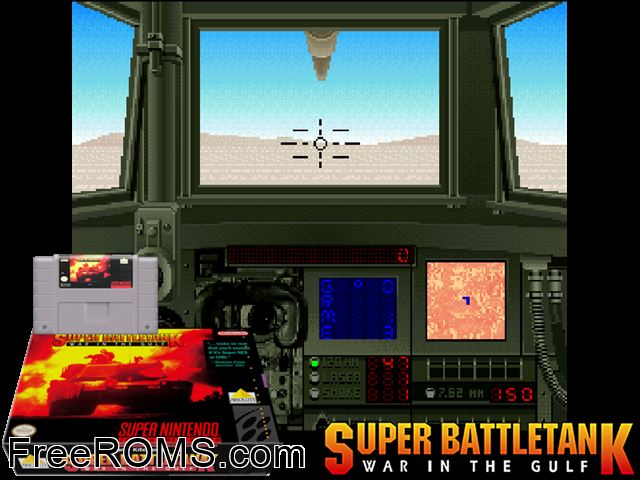 Super Battletank - War in the Gulf SNES game showing 3D box cover and gameplay screenshot