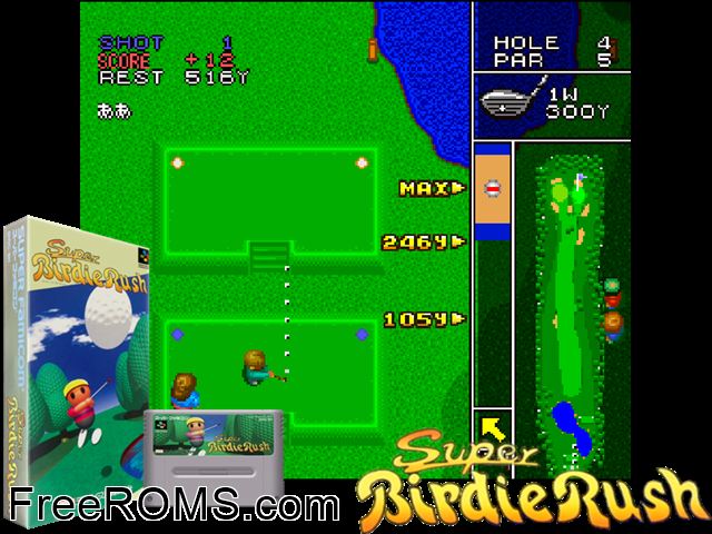 Super Birdie Rush SNES game showing 3D box cover and gameplay screenshot